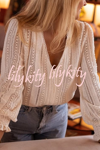Elegant Openwork V-neck Long-sleeved Casual Shirt