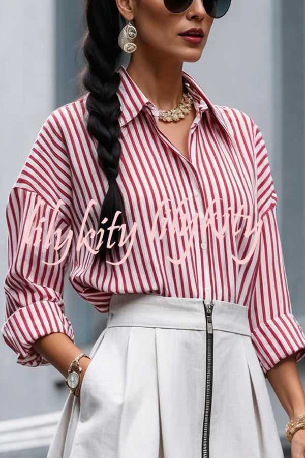 Effortless Charm Printed Button Down Long Sleeve Relaxed Blouse