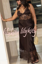 Elegant Evening Satin Lace Patchwork See-through Waist Slip Maxi Dress
