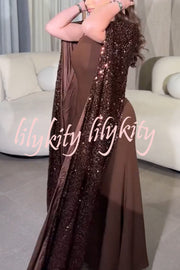 Formal Party Sequin Shawl Slip Maxi Dress