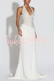 Exclusive Declaration Sequin Halter Neck Back Lace-up Ruched Hem Maxi Dress