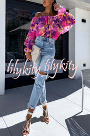 Colorful Botanical Print Sexy Off-shoulder Ruffle Top