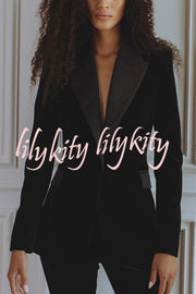 Delicate Daze Velvet Satin Lapel Button Up Long Sleeve Tapered Waist Blazer