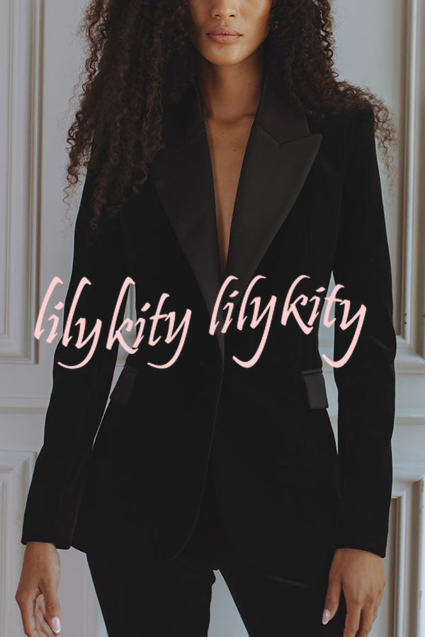 Delicate Daze Velvet Satin Lapel Button Up Long Sleeve Tapered Waist Blazer