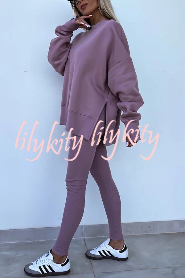 Solid Color Loose Long Sleeve SlitSweatshirt and Elastic Waist Tight Pants Set