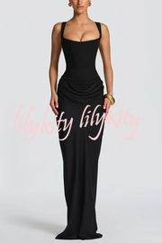 Larrah Square Neck Back Lace-up Satin Drape Hem Maxi Dress