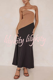 Calissa Asymmetrical Colour Block Strapless Pocketed A-line Maxi Dress