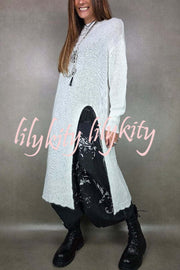 Solid Color Knitted Long-sleeved Casual Slit Midi Dress