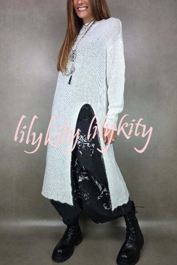 Solid Color Knitted Long-sleeved Casual Slit Midi Dress