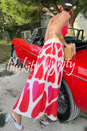 Full of Love Heart Shape Print Cutout Spaghetti Strap Backless Maxi Dress