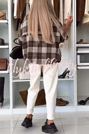 Fashion Plaid Print Lapel Long Sleeve Loose Zipper Jacket