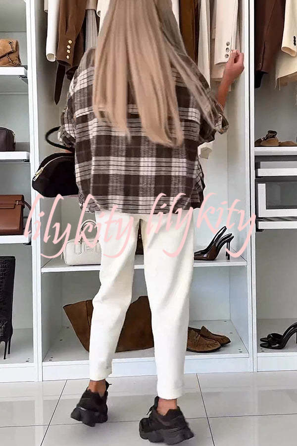 Fashion Plaid Print Lapel Long Sleeve Loose Zipper Jacket