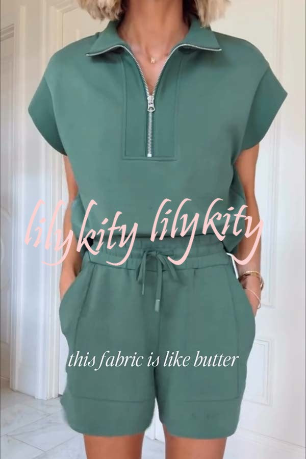 Buttery Touch Half-Zip Short Sleeve Sweatshirt and Elastic Waist Pocket Casual Shorts Set