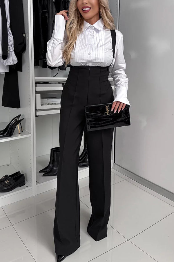 Modern Charm Zipper High Rise Button Cross Straps Pocket Wide Leg Pants