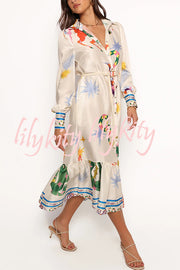 Calie Satin Unique Print Button Rope Belted Pocket Loose Shirt Midi Dress