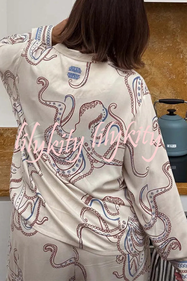 Calm Seas Line Octopus Unique Print Loose Shirt and Elastic Waist Pocketed Pajama Set