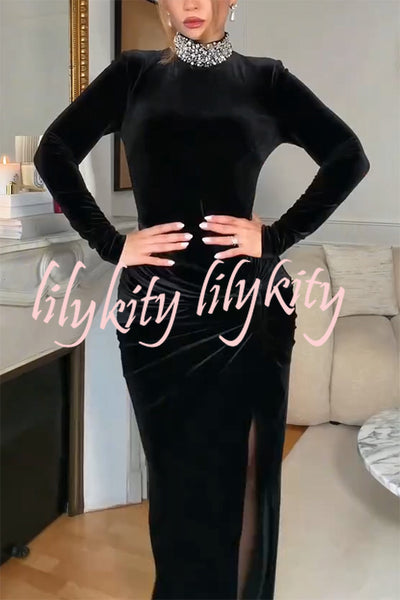 Love Lost Velvet Embellished High Neck Long Sleeve Twist Slit Maxi Dress