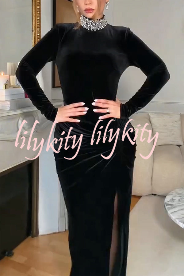 Love Lost Velvet Embellished High Neck Long Sleeve Twist Slit Maxi Dress