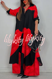 Unique Printed Casual Loose Long Shirt and Elastic Waist Pocket Wide Leg Pants Set