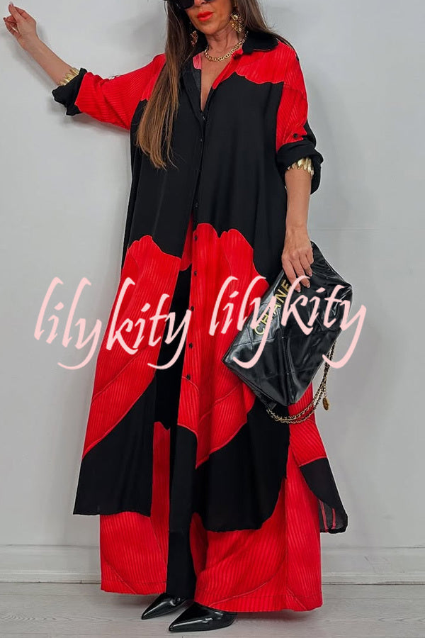 Unique Printed Casual Loose Long Shirt and Elastic Waist Pocket Wide Leg Pants Set