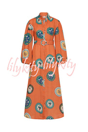 Linen Blend Unique Print Belted Single-breasted Casual Maxi Dress
