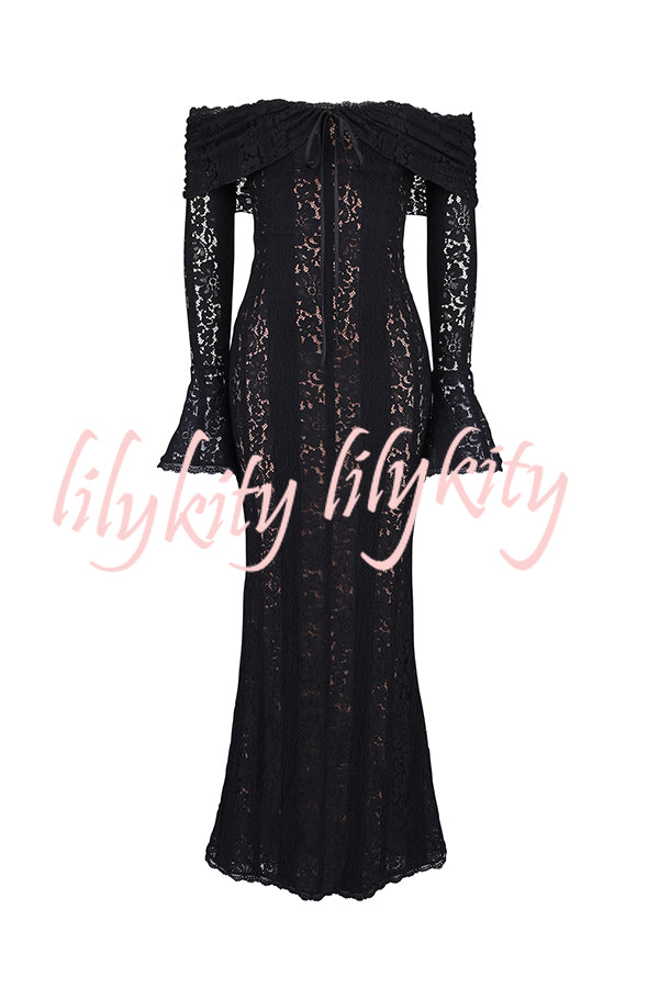 Outline The Curve Floral Lace Off Shoulder Bell Sleeve Stretch Maxi Dress