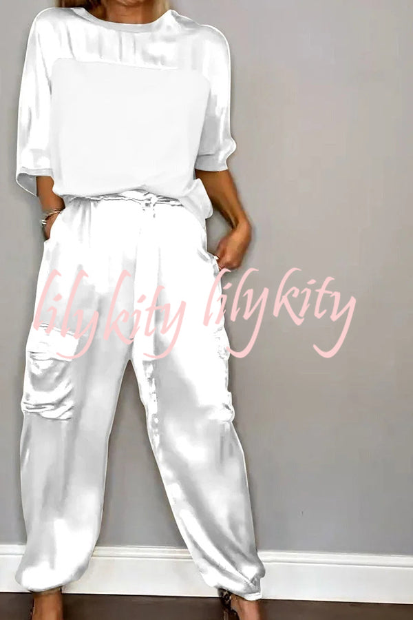 Calissa Smooth Satin Half-sleeved Top and Elastic Waist Pocket Pants Set
