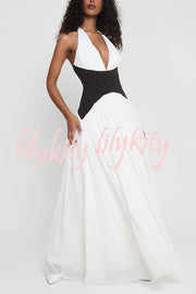 Fashionable Color Matching Sexy Halter Neck Waist Maxi Dress