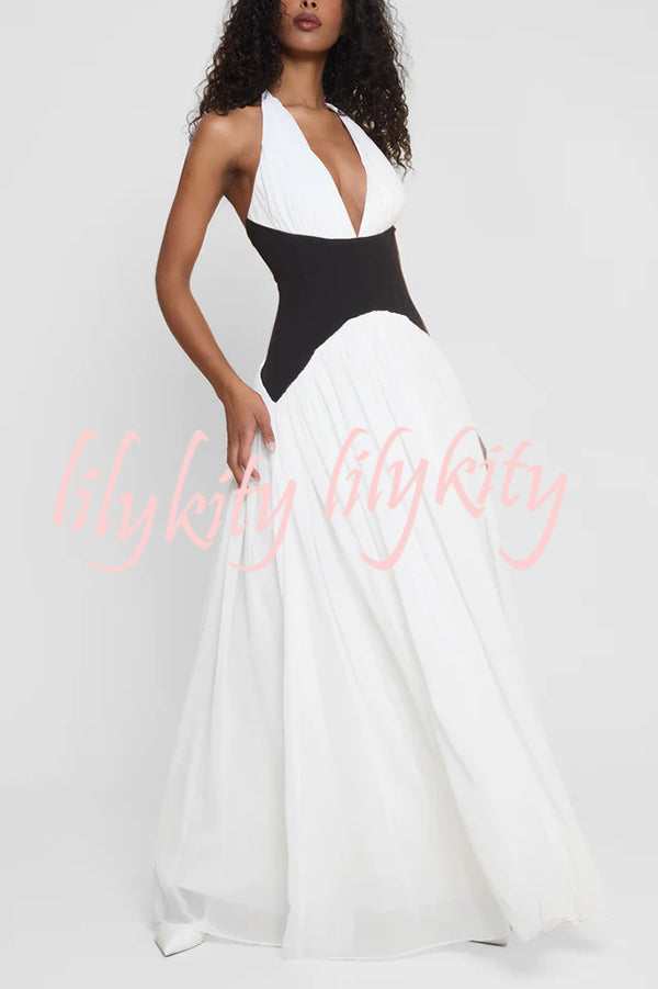 Fashionable Color Matching Sexy Halter Neck Waist Maxi Dress