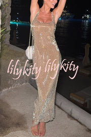 Dazzling Entrance Premium Crystal Embellished Jersey Slit Midi Dress