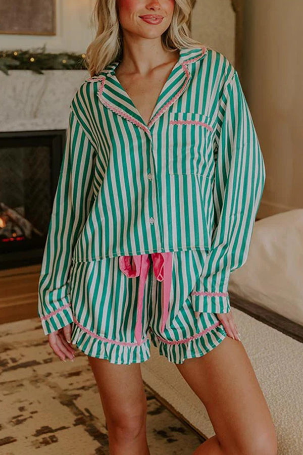 Merry and Bright Satin Striped Color-block Trim Loose Shirt and Elastic Waist Pocket Pajama Set