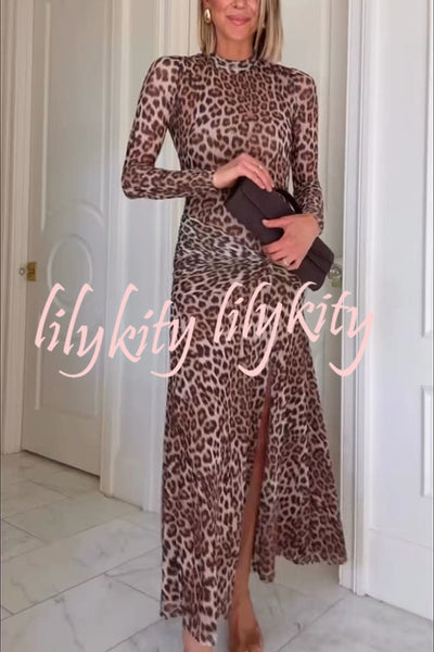 Revina Mesh Leopard Print Mock Neck Gathered Waist Long Sleeve Stretch Midi Dress