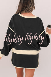 Fashion Round Neck Long Sleeve Spliced Casual Top and Elastic Waist Loose Shorts Set