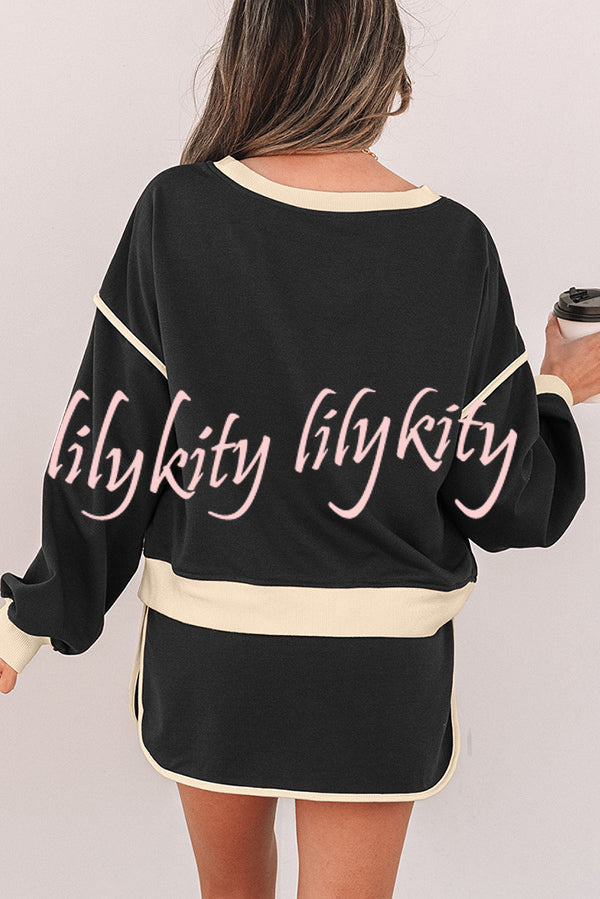 Fashion Round Neck Long Sleeve Spliced Casual Top and Elastic Waist Loose Shorts Set