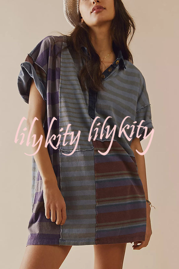 Contrast Striped Patchwork Denim Lapel Loose Casual Mini Dress