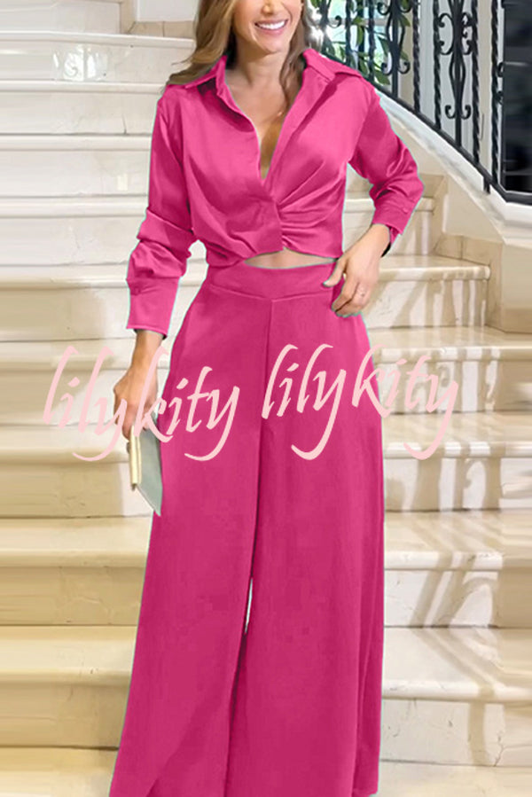 Satin Solid Color Lapel Long Sleeve Blouse and Loose-fitting Pocket Wide Leg Pants Set