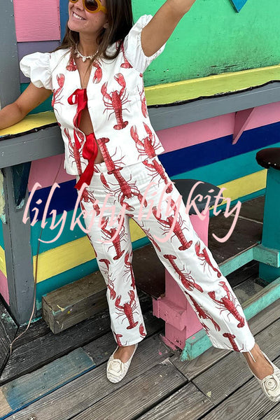 Fun Vacation Lobster Print High Rise Straight Pants