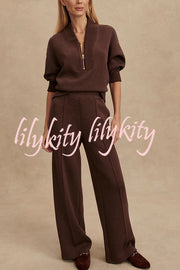Meet The Autumn Ribbed Zipper Neck Sweatshirt and Elastic Waist Pocketed Loose Pants Set