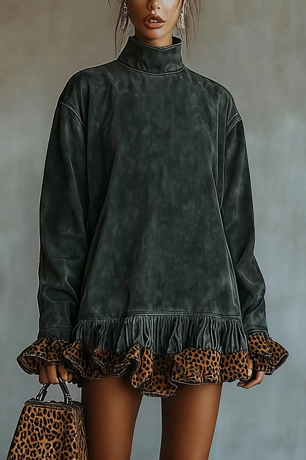 Fashionable Leopard Print Patchwork Loose Turtleneck Long-sleeved Casual Mini Dress