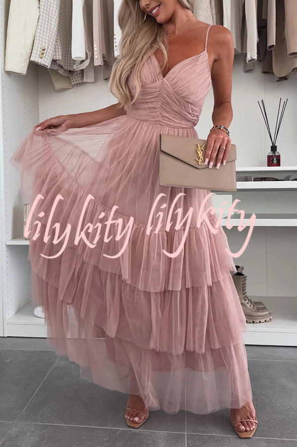 Romantic Movie Tulle Ruched Tiered Hem Slip Maxi Dress