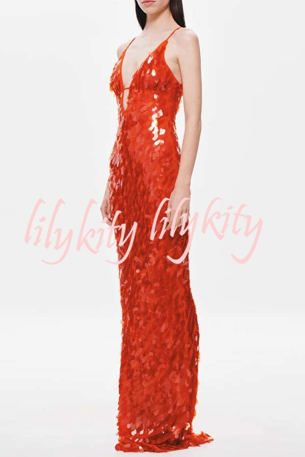 Reshape Beauty Fish Scale Sequin Cutout U-neck Slip Maxi Dress