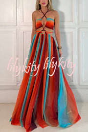 Variety of Styles Tulle Printed Ring Hollow Design Slit Vacation Maxi Dress