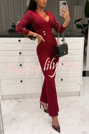 Call It Chic Lace Patchwork Metal Buckle Stretch Flare Jumpsuit