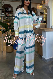 Lizbeth Satin Tie Dye Print Long Sleeve Shirt and Elastic Waist Pocketed Pants Set