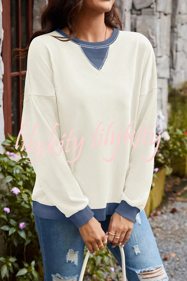 Fashionable Contrasting Color Loose Long-sleeved Casual Sweatshirt