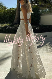 Next Trip Floral Embroidery Crochet Lace Crop Tank Top and Elastic Waist Pocket Maxi Skirt Set
