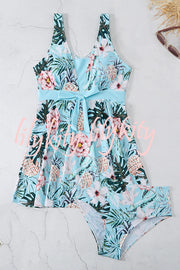 Cheerful Floral Print Bow Detail Tankini Swimsuit Set