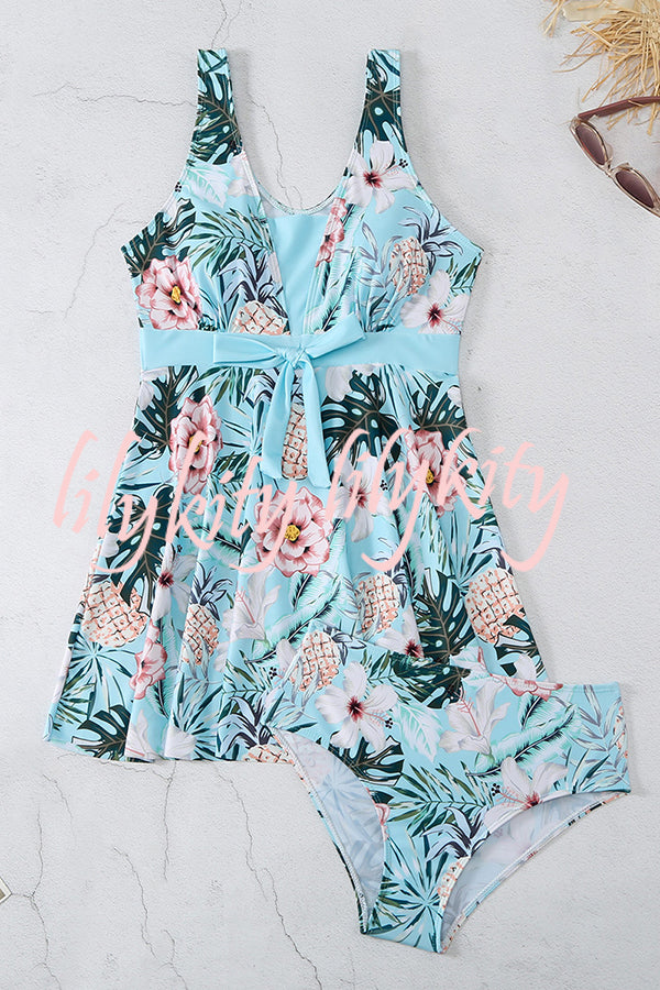 Cheerful Floral Print Bow Detail Tankini Swimsuit Set