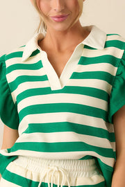 Striped Print Ruffle Sleeve Loose Top and Elastic Waist Tie Casual Pocket Shorts Set