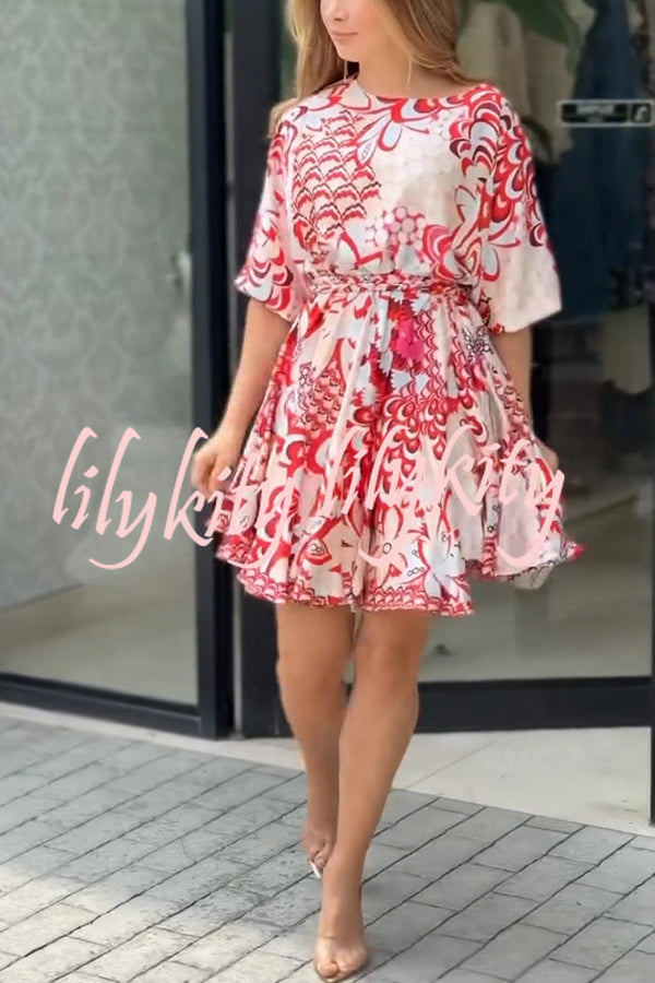 Unique Printed Round Neck Short Sleeve Waist Tie Vacation Mini Dress